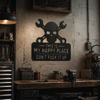 "This Is My Happy Place" 💀🛠️ Metal Wall Art Sign