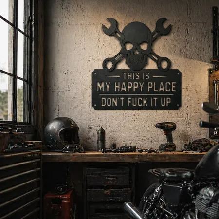 "This Is My Happy Place" 💀🛠️ Metal Wall Art Sign