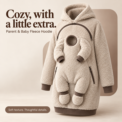 Beige parent and baby fleece hoodie with curved chest zipper and zip pockets