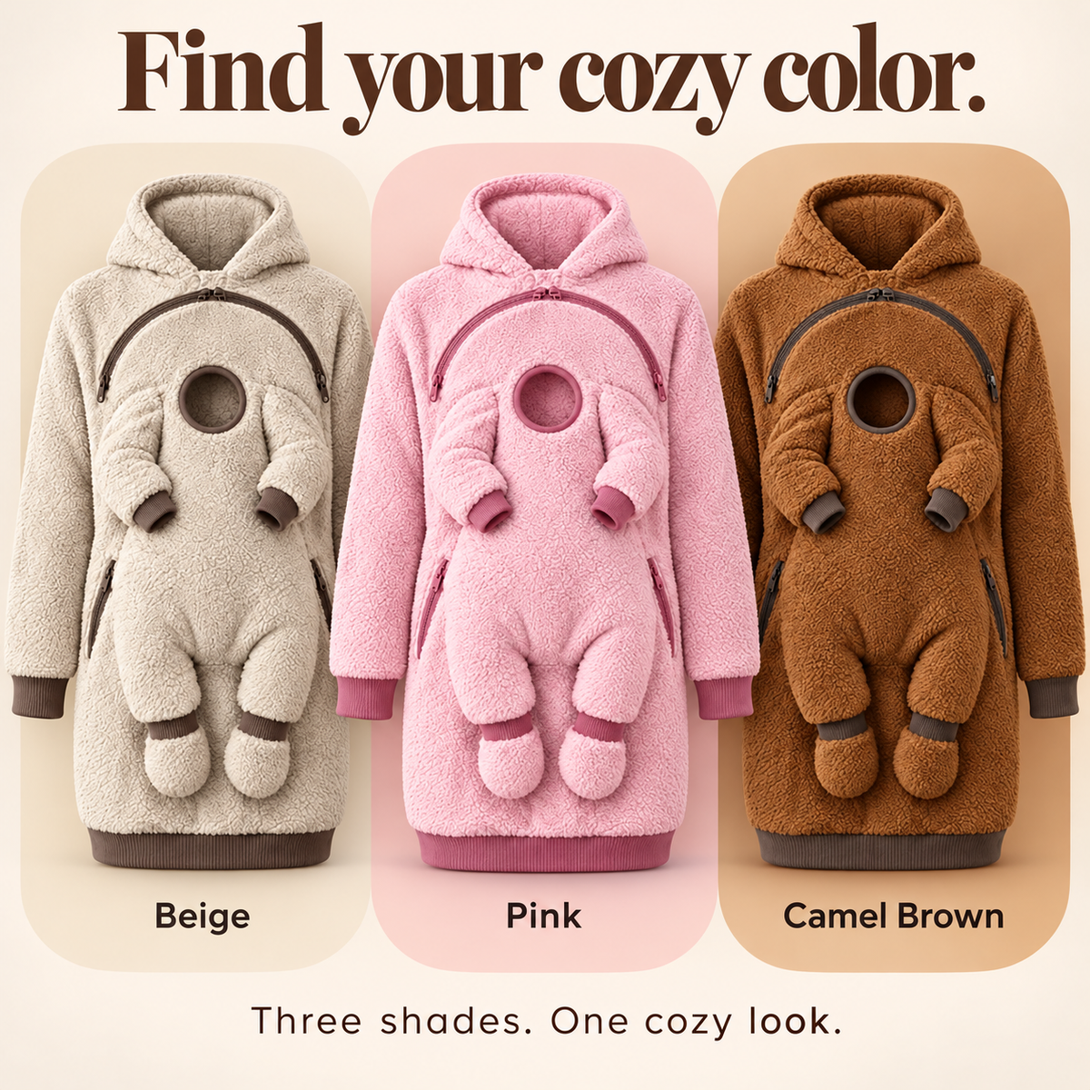 Parent and baby fleece hoodie in Beige, Pink and Camel Brown