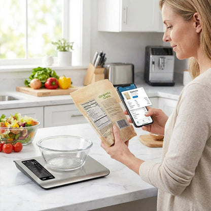⚖️📊 Digital kitchen scale – measures 19 nutritional values & calories via app, 5kg stainless steel 🥗✅ for healthy eating & weight loss