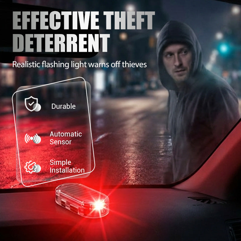 Flashing red solar powered car security warning light at night