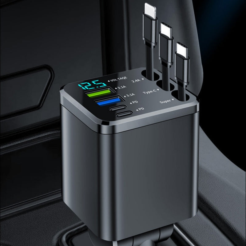 🔋📱Fast Charging 7-in-1 Retractable Fast Car Charger with Voltage Display – USB-C For Android&Lighting For APPLE