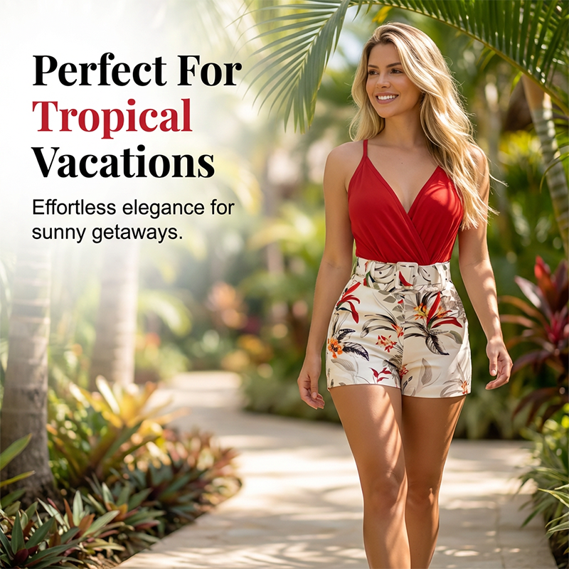 ☀️ LIMITED-TIME 50% OFF! ✨ V-Neck & High-Waist Shorts Set – Tropical Print, 2-Piece Vacation Outfit 🌴