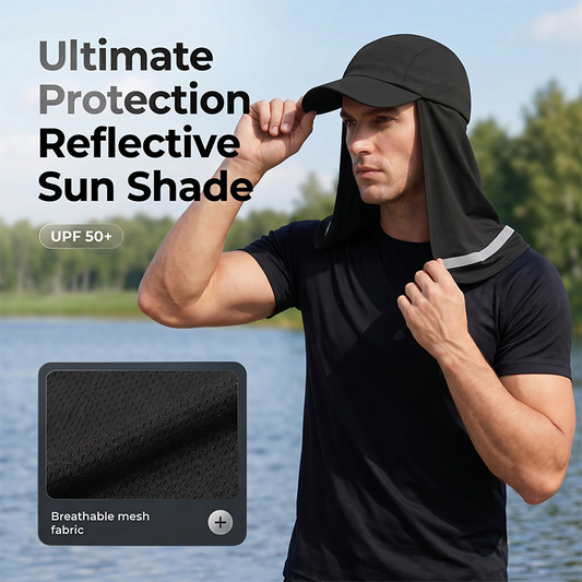 Cool-to-the-touch, reflective sun-protective neck-covering sun hat