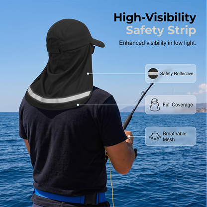 Cool-to-the-touch, reflective sun-protective neck-covering sun hat