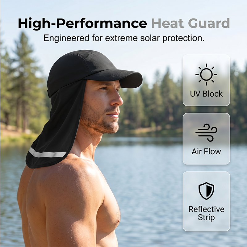 Cool-to-the-touch, reflective sun-protective neck-covering sun hat