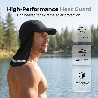 Cool-to-the-touch, reflective sun-protective neck-covering sun hat