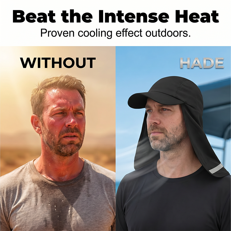 Cool-to-the-touch, reflective sun-protective neck-covering sun hat