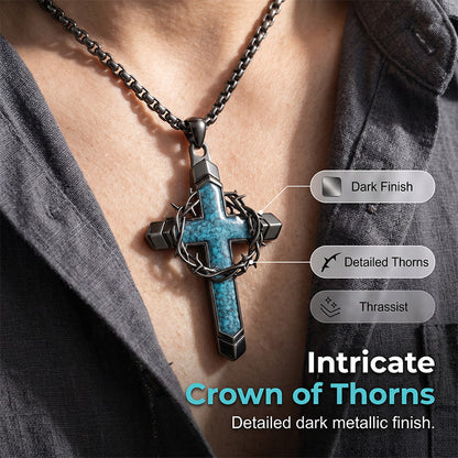 💞50K+ SOLD!✨Statement Cross Pendant – Crown of Thorns, Blue Stone Inlay, Vintage Edge 🖤