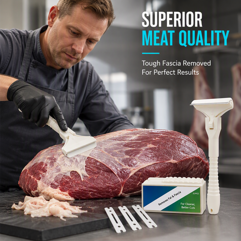 Stainless steel meat scraper—easily removes fat and tendons from beef and pork.
