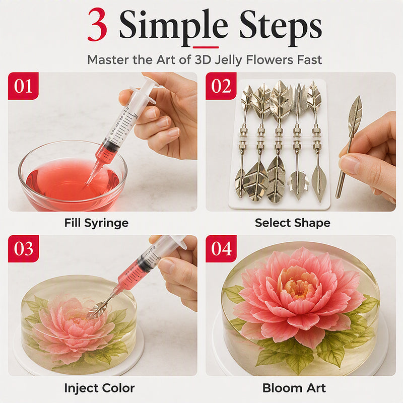 Professional 3D Jelly Art Kit‑ 304 Stainless Steel 10‑Piece Floral Gelatin Art Tools with Syringe, DIY 3D Flower Jelly Cake Decorating Set for Pastry & Baking Lovers