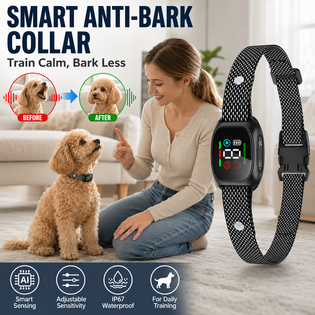 Anti-bark collar – intelligent anti-accidental trigger function, filters out other barking sounds.