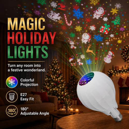 🎄50% OFF NOW! Colorful Rotating Christmas Atmosphere Projector‑ E27 Socket Holiday Projection Light Bulb, 180° Adjustable Festive Pattern Lamp for Xmas Party Home Decor
