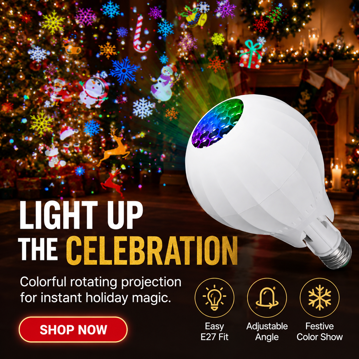 🎄50% OFF NOW! Colorful Rotating Christmas Atmosphere Projector‑ E27 Socket Holiday Projection Light Bulb, 180° Adjustable Festive Pattern Lamp for Xmas Party Home Decor