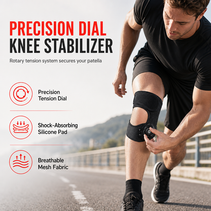 Adjustable Silicone Patella Stabilizer Strap – dial-adjusted steel wire compression, shock-absorbing pad & breathable dual strap. Stable knees for running & tennis! 🛡️💪