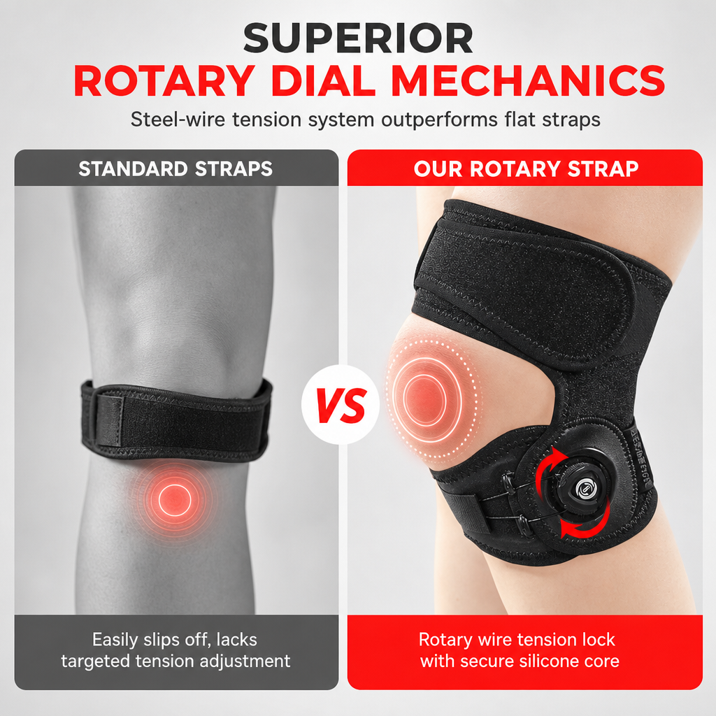 Adjustable Silicone Patella Stabilizer Strap – dial-adjusted steel wire compression, shock-absorbing pad & breathable dual strap. Stable knees for running & tennis! 🛡️💪