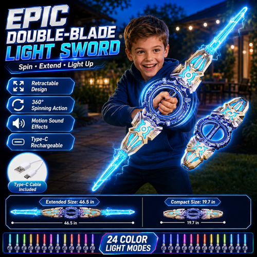 🥳2026 HOT SALE🥳💞50K+ SOLD! ⚔️✨ 50% OFF! Rechargeable Double-Blade Light Up Sword – 360° spin, extendable, 24 light modes, motion sounds, USB-C. Epic gift for kids 6+! 🎁💪