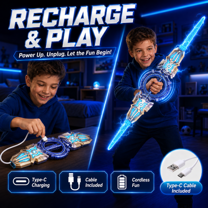 360° Spinning Double-Blade LED Sword | Rechargeable Light-Up Toy