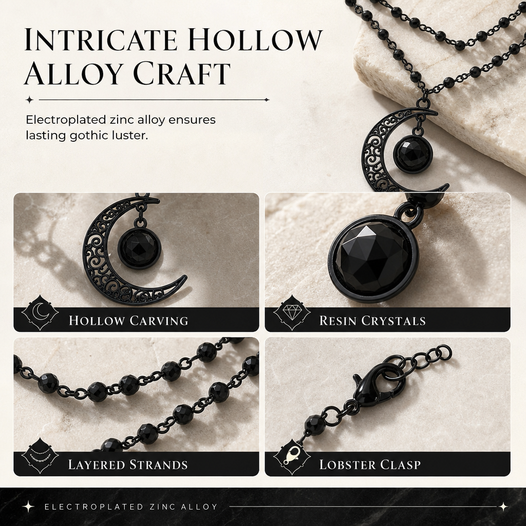 ⏳Limited-time 50% off⏰Gothic Dark Crystal Beaded Chain Necklace with Hollow Out Moon Alloy Pendant🖤🌙
