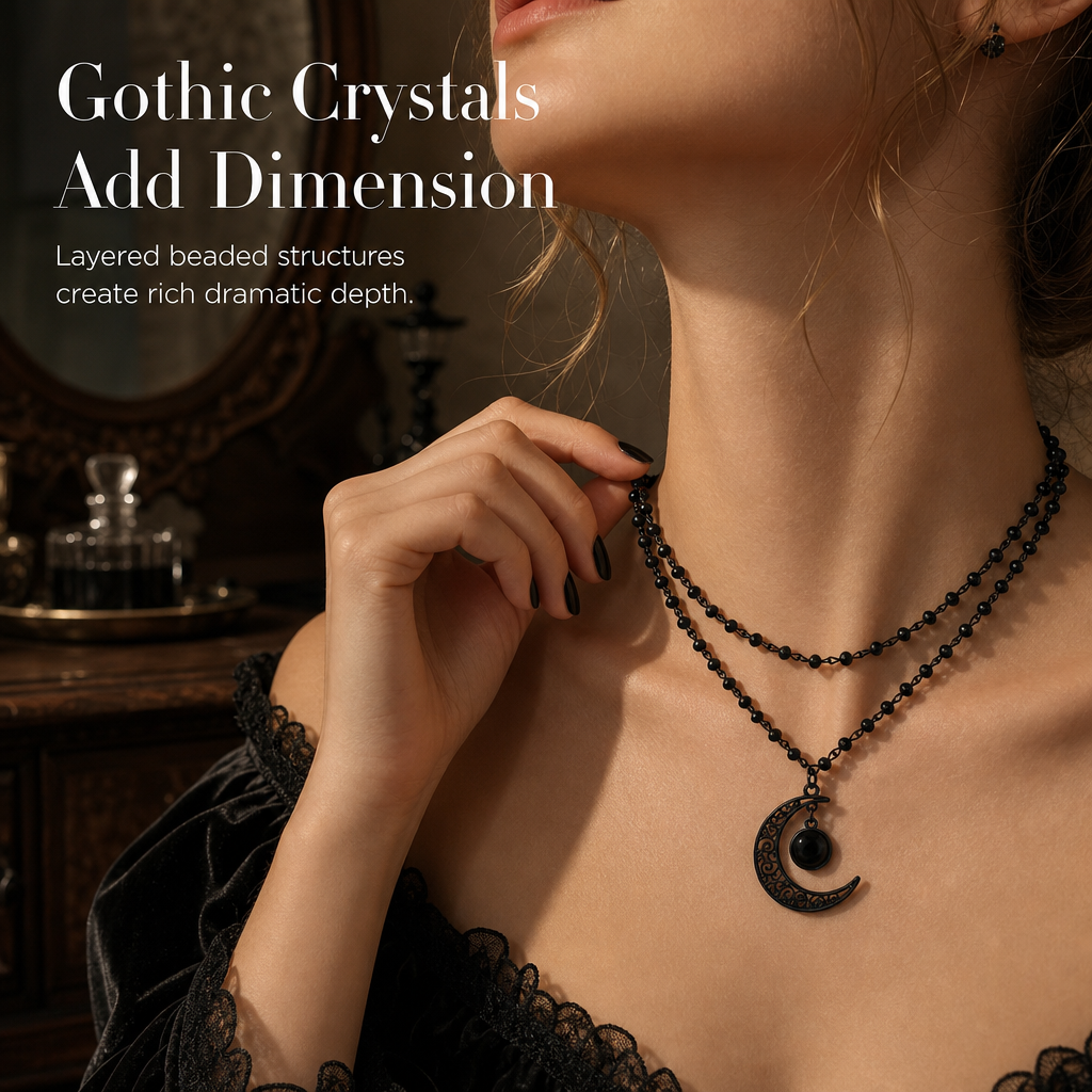 ⏳Limited-time 50% off⏰Gothic Dark Crystal Beaded Chain Necklace with Hollow Out Moon Alloy Pendant🖤🌙