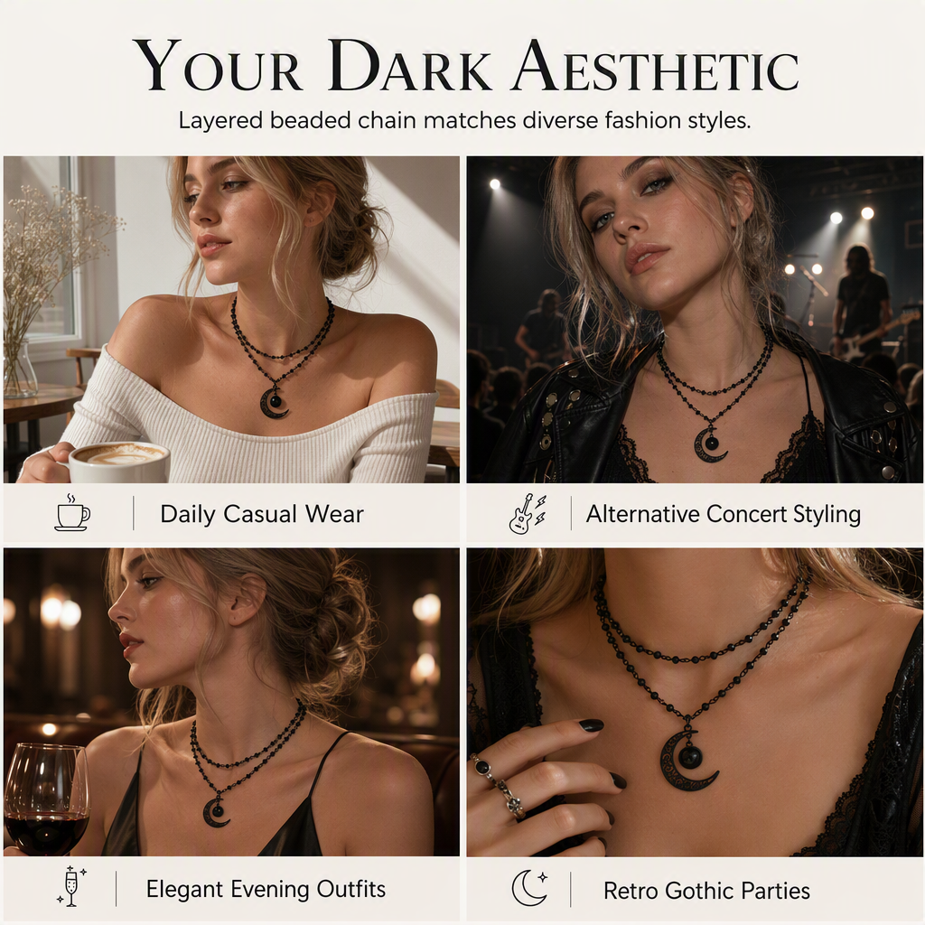 ⏳Limited-time 50% off⏰Gothic Dark Crystal Beaded Chain Necklace with Hollow Out Moon Alloy Pendant🖤🌙