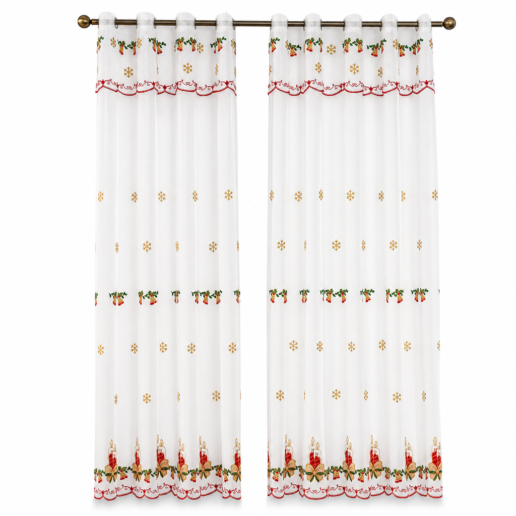 🎄❄️ Embroidered Christmas Sheer Curtain – Snowflake & Bell Window Decor for a Cozy Holiday Home