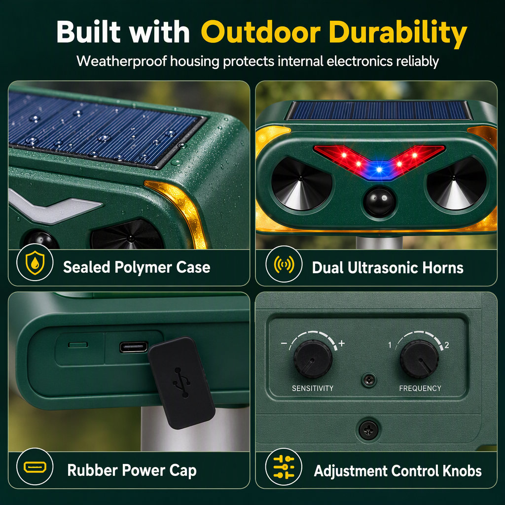 Solar Powered Outdoor Waterproof Ultrasonic Animal Repeller with Flame Light and Siren Alarm High Power Variable Frequency Rodent Deterrent