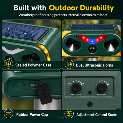 Solar Powered Outdoor Waterproof Ultrasonic Animal Repeller with Flame Light and Siren Alarm High Power Variable Frequency Rodent Deterrent