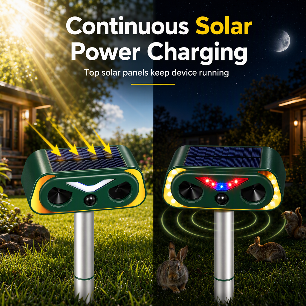 Solar Powered Outdoor Waterproof Ultrasonic Animal Repeller with Flame Light and Siren Alarm High Power Variable Frequency Rodent Deterrent