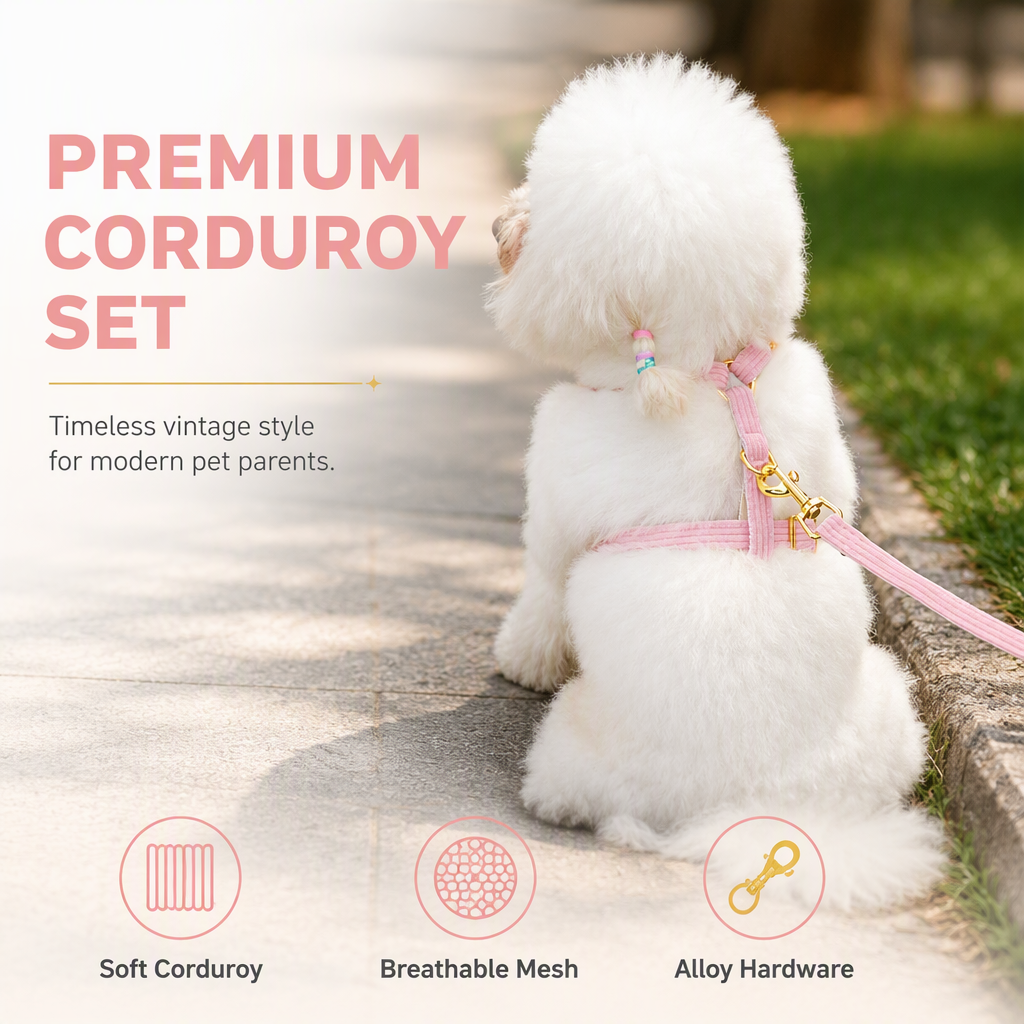 🐕 Corduroy Dog Vest Harness Set: Escape-Proof, Alloy Buckles, Breathable Mesh, 5-Piece Set