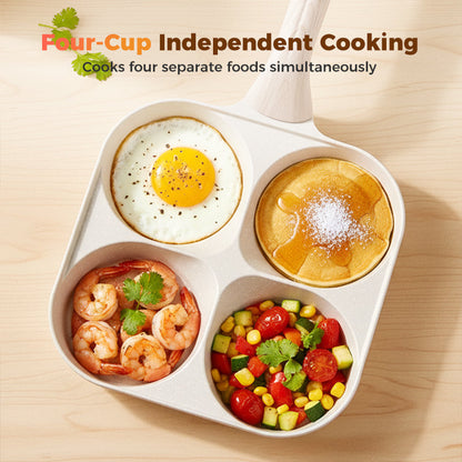 Non-stick Hole Design Egg Frying Pan, 4 Hole Skillet with Handle, Small Egg Fry Pan 3-in-1 Divided Grill Pan, Wooden Handle Stone Omelet Non-stick Cookware