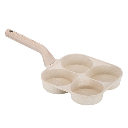 Non-stick Hole Design Egg Frying Pan, 4 Hole Skillet with Handle, Small Egg Fry Pan 3-in-1 Divided Grill Pan, Wooden Handle Stone Omelet Non-stick Cookware