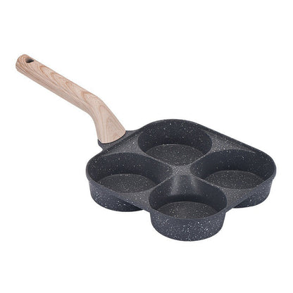 Non-stick Hole Design Egg Frying Pan, 4 Hole Skillet with Handle, Small Egg Fry Pan 3-in-1 Divided Grill Pan, Wooden Handle Stone Omelet Non-stick Cookware