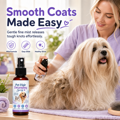 Pet Detangling & Smoothing Spray – loosens tangles, reduces brushing friction, leaves coat smooth & cared for. Easy everyday grooming! 🛡️💚