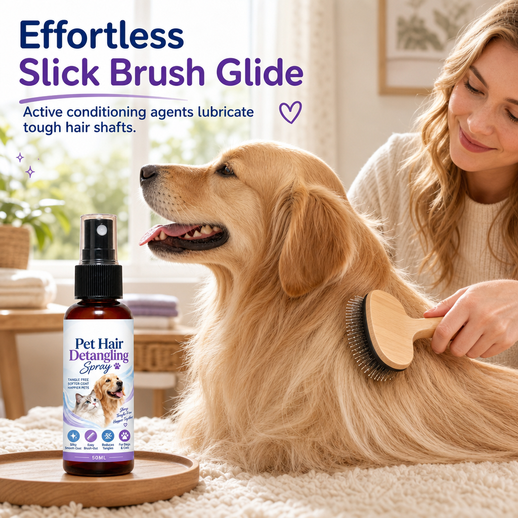 Pet Detangling & Smoothing Spray – loosens tangles, reduces brushing friction, leaves coat smooth & cared for. Easy everyday grooming! 🛡️💚