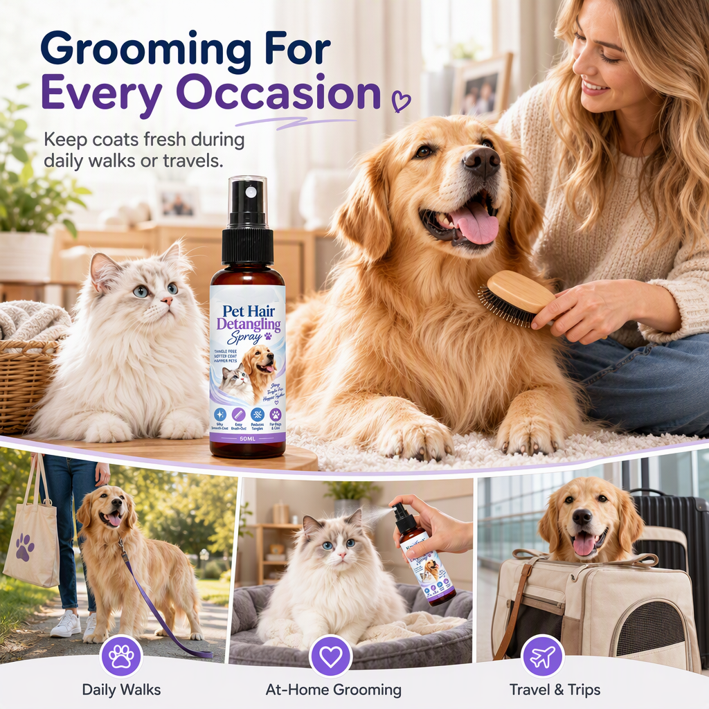 Pet Detangling & Smoothing Spray – loosens tangles, reduces brushing friction, leaves coat smooth & cared for. Easy everyday grooming! 🛡️💚