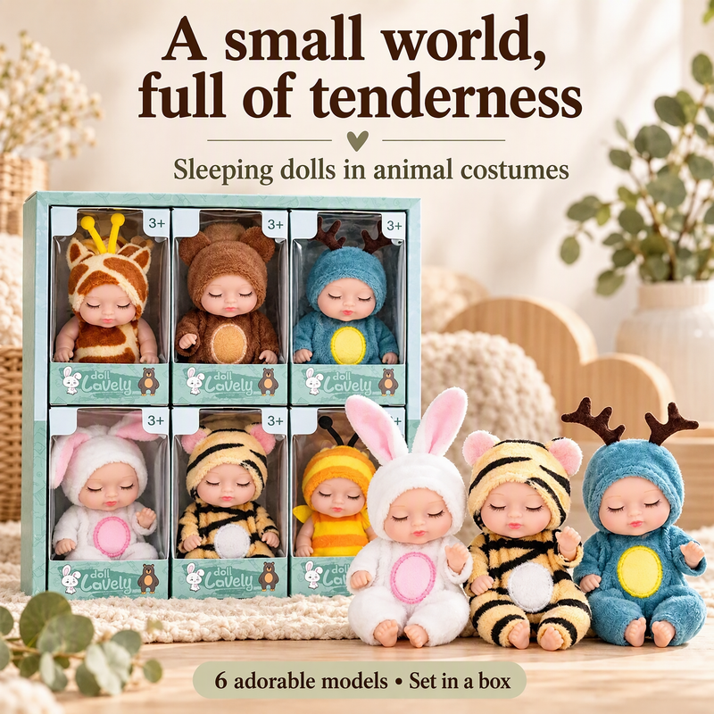 🍼 Mini Baby Dolls in Animal Outfits: 6 Styles, Sleeping Design, Portable, Gift-Ready