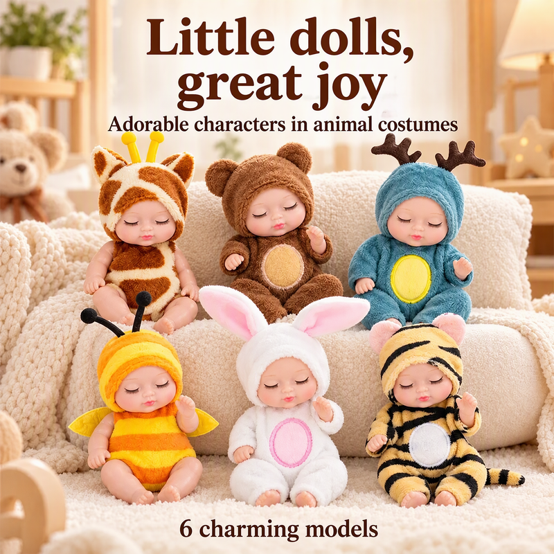 🍼 Mini Baby Dolls in Animal Outfits: 6 Styles, Sleeping Design, Portable, Gift-Ready