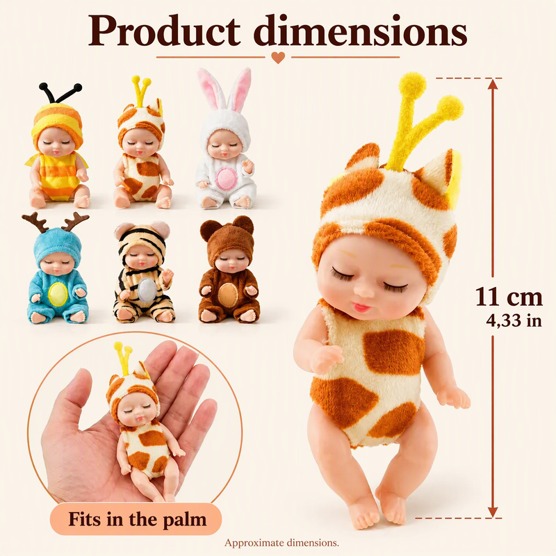 🍼 Mini Baby Dolls in Animal Outfits: 6 Styles, Sleeping Design, Portable, Gift-Ready