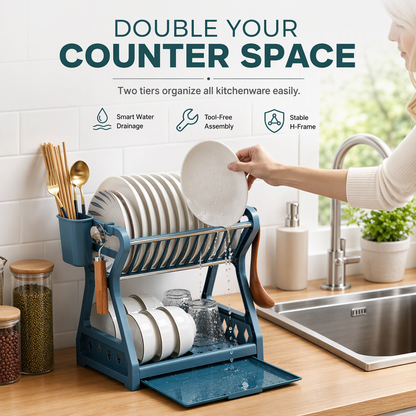 ✨ Multi-Tier Carbon Steel Dish Drying Rack with Drip Tray – Double Counter Space Vertical Design, Holds 12+ Plates Deep Card Slots, Removable Slide-Out Drainage Tray & Tool-Free Snap Assembly – 3 Colors 🥢