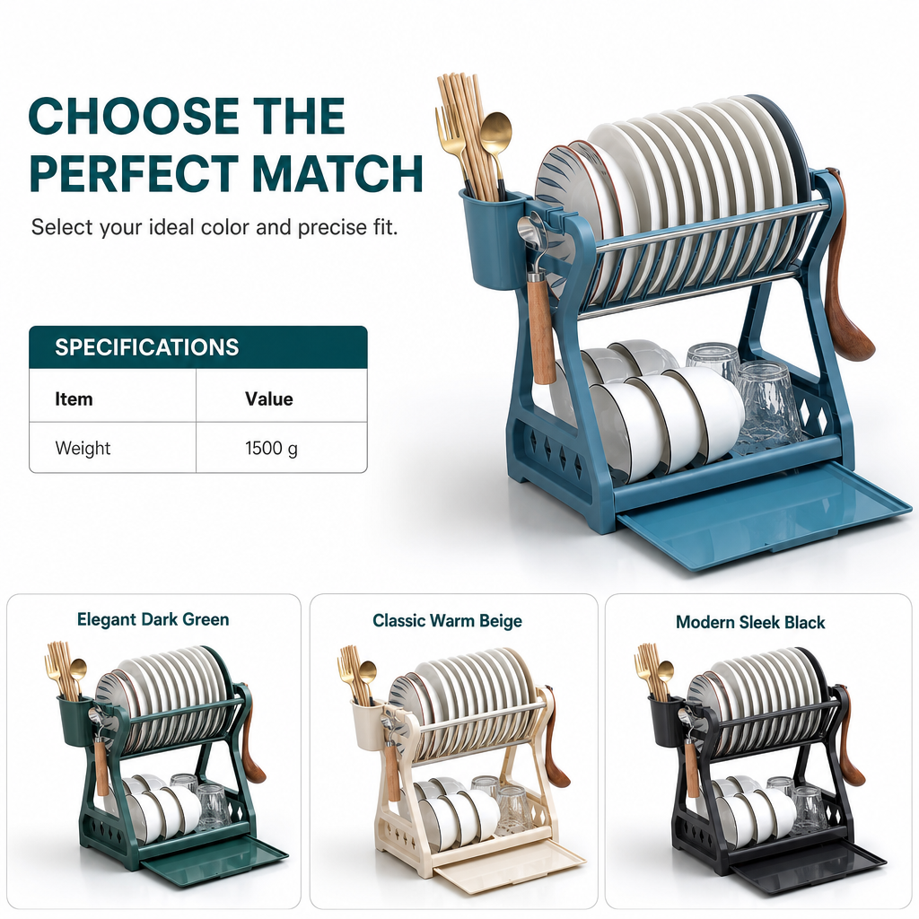 ✨ Multi-Tier Carbon Steel Dish Drying Rack with Drip Tray – Double Counter Space Vertical Design, Holds 12+ Plates Deep Card Slots, Removable Slide-Out Drainage Tray & Tool-Free Snap Assembly – 3 Colors 🥢