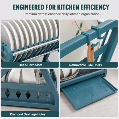 ✨ Multi-Tier Carbon Steel Dish Drying Rack with Drip Tray – Double Counter Space Vertical Design, Holds 12+ Plates Deep Card Slots, Removable Slide-Out Drainage Tray & Tool-Free Snap Assembly – 3 Colors 🥢