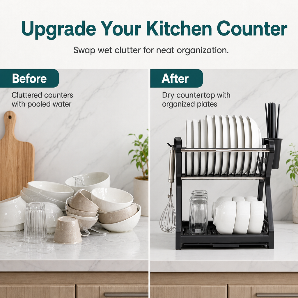 ✨ Multi-Tier Carbon Steel Dish Drying Rack with Drip Tray – Double Counter Space Vertical Design, Holds 12+ Plates Deep Card Slots, Removable Slide-Out Drainage Tray & Tool-Free Snap Assembly – 3 Colors 🥢