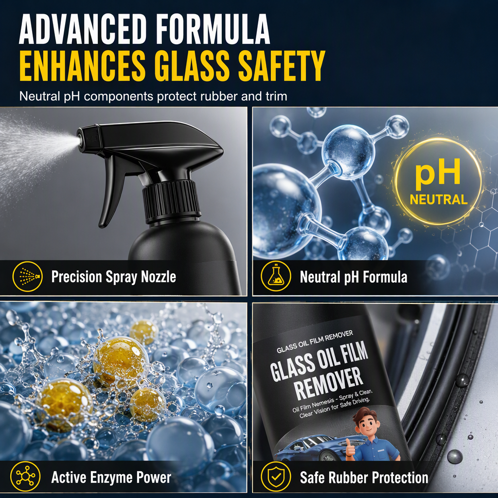 🚗Car Glass Oil Film Remover Spray💦Powerful Windshield Decontamination and Bug Residue Cleaner for Clear Driving Vision