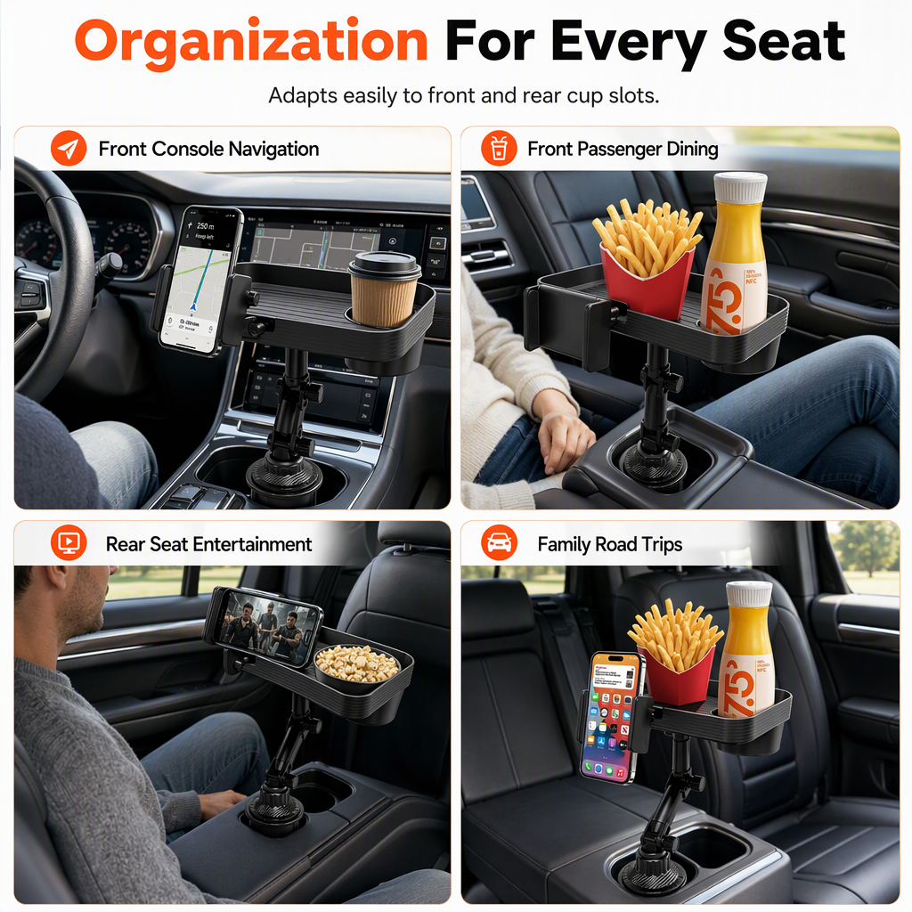 3 in 1 Multifunctional Car Cup Holder Phone Mount with Tray and Storage Organizer🚗📱🥤🍔