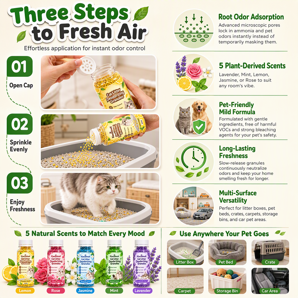 ⏰Cat Litter Deodorizing Granules – Easy Sprinkle-On Odor Control in Five Fresh Scents 🌿🏠