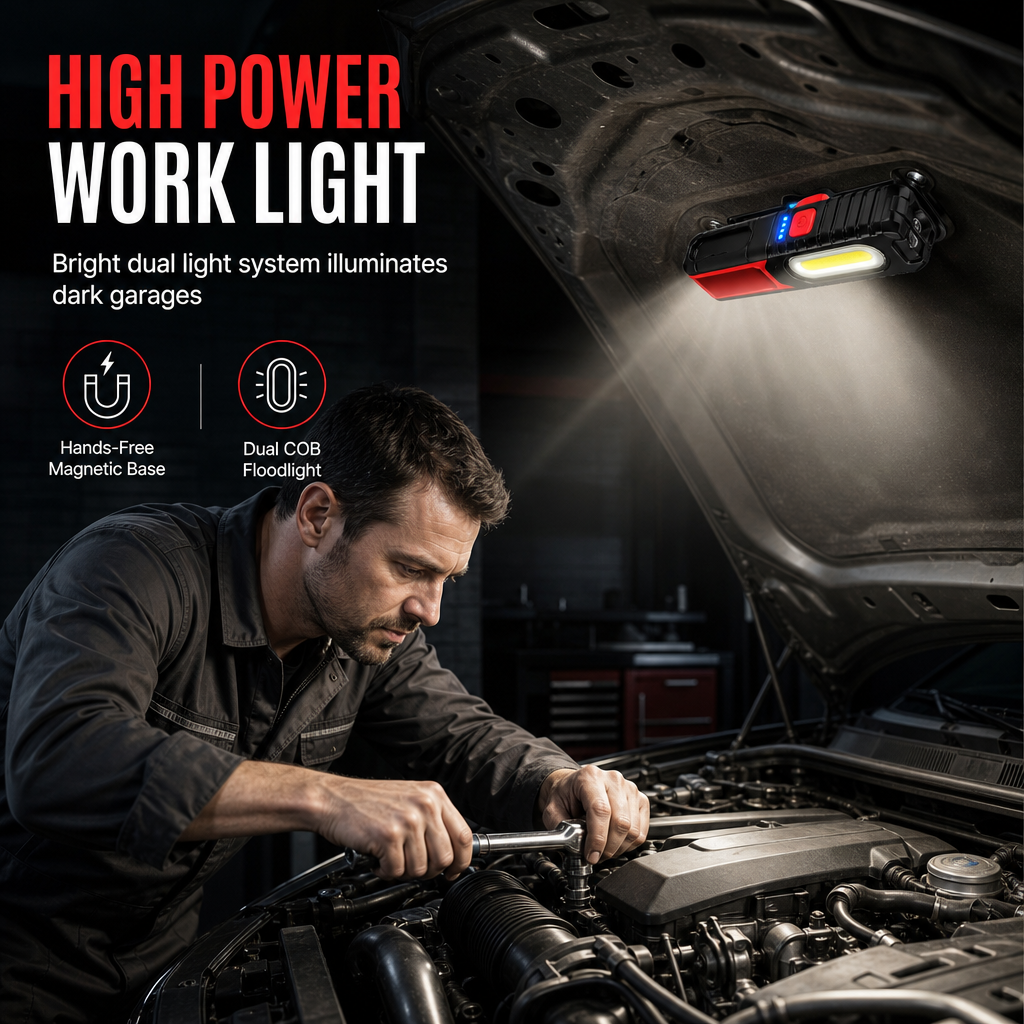 Rechargeable LED Work Light – Magnetic Mount & Rotating Hook for Hands-Free Car Repairs 💡🔧
