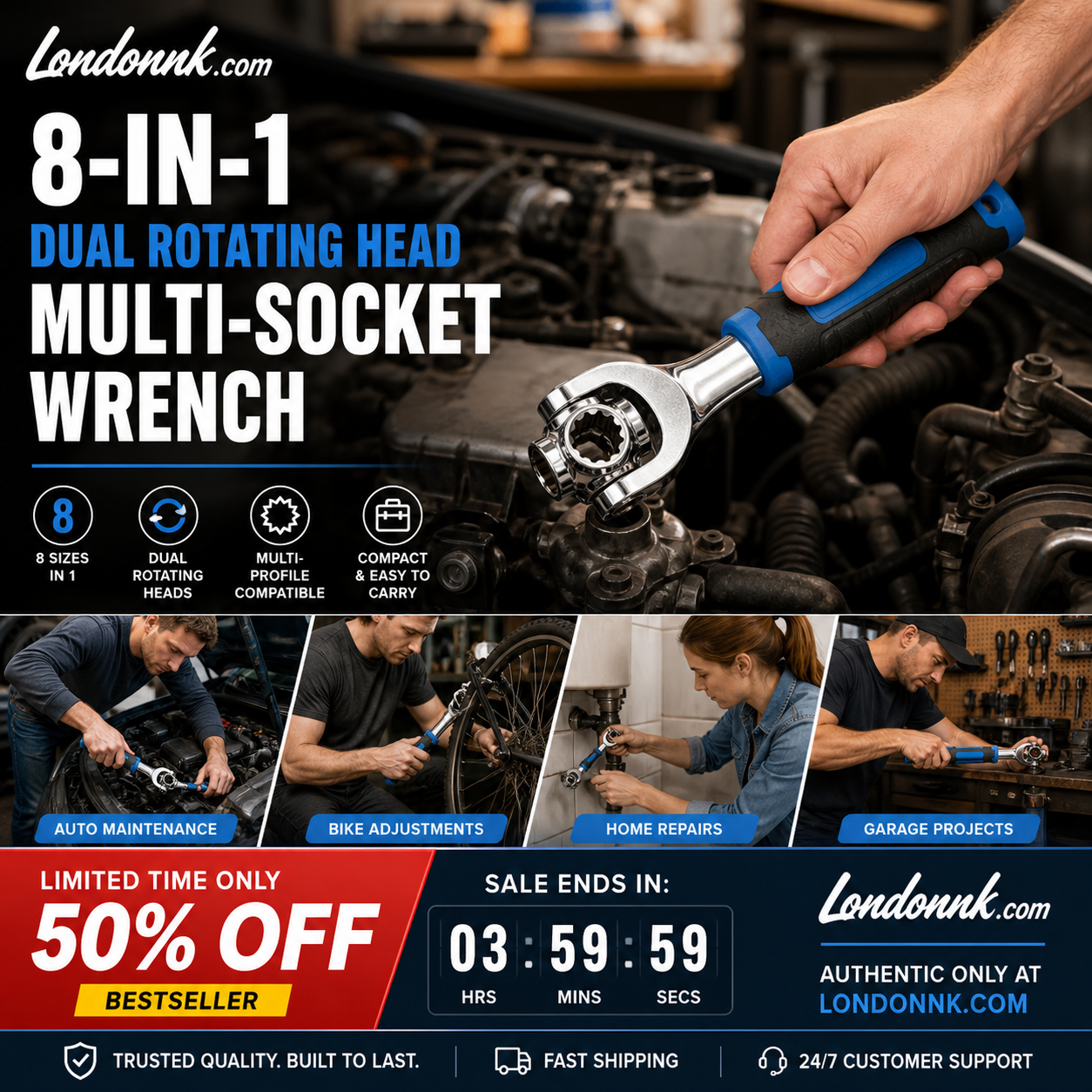 8-in-1 Dual Rotating Head Multi-Socket Wrench 8-19mm